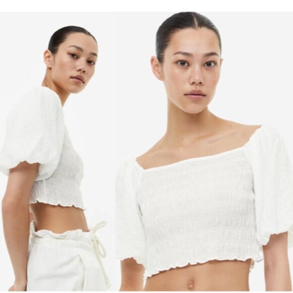 H&M Peasant Balloon Sleeve Broiderie Square Neck Smocked Bodice Blouse Large - Picture 1 of 8